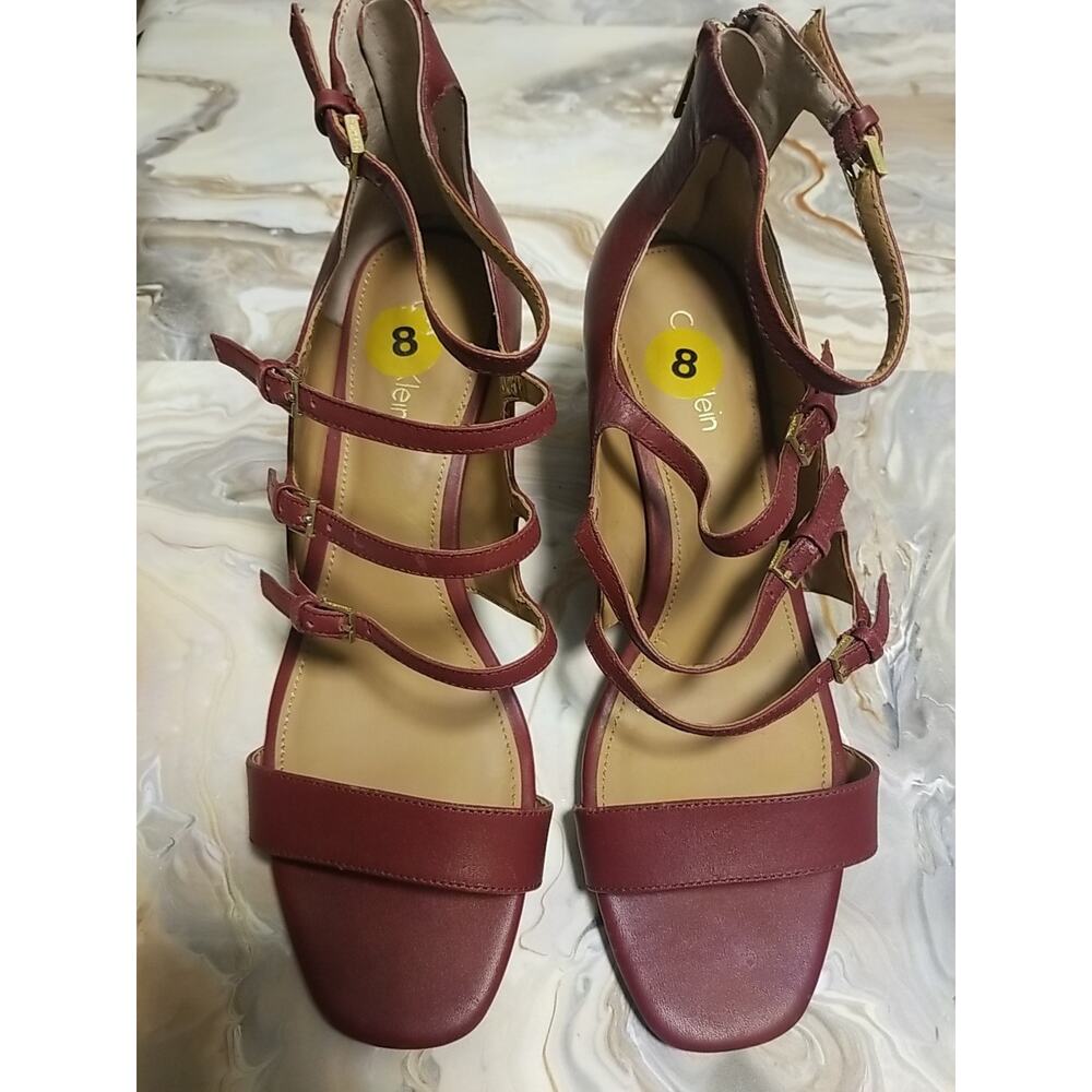Calvin Klein Womens Leather Maroon Open Toe Block Heel Strap Zip Sandal MSRP$125